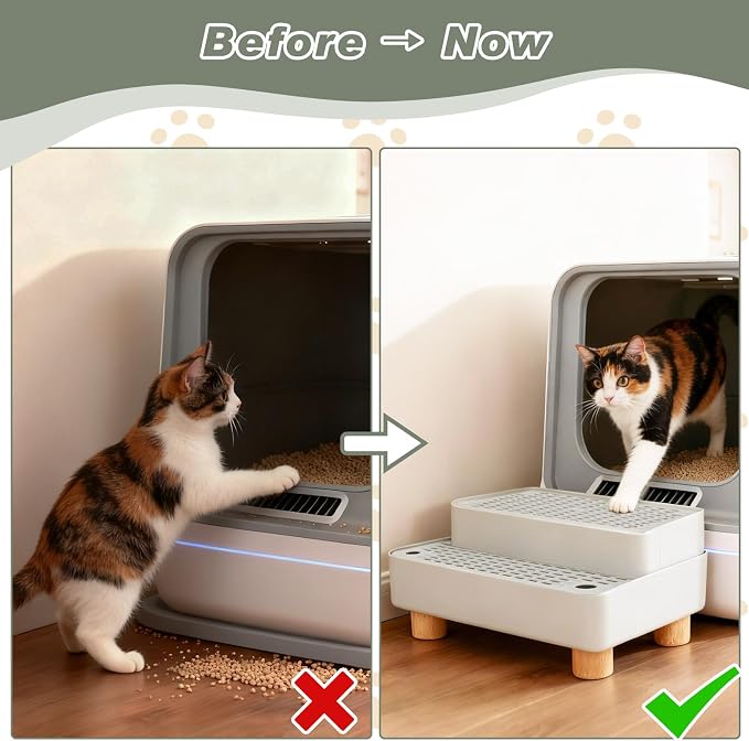 Elevated Cat Ramp for Litter Box, 2 Steps Cat Pedal Step Stool with Wooden Base, Detachable Double Layered Cats Litter Trapper, Suitable for Small&Elderly Cats, Non-Slip(Grey)