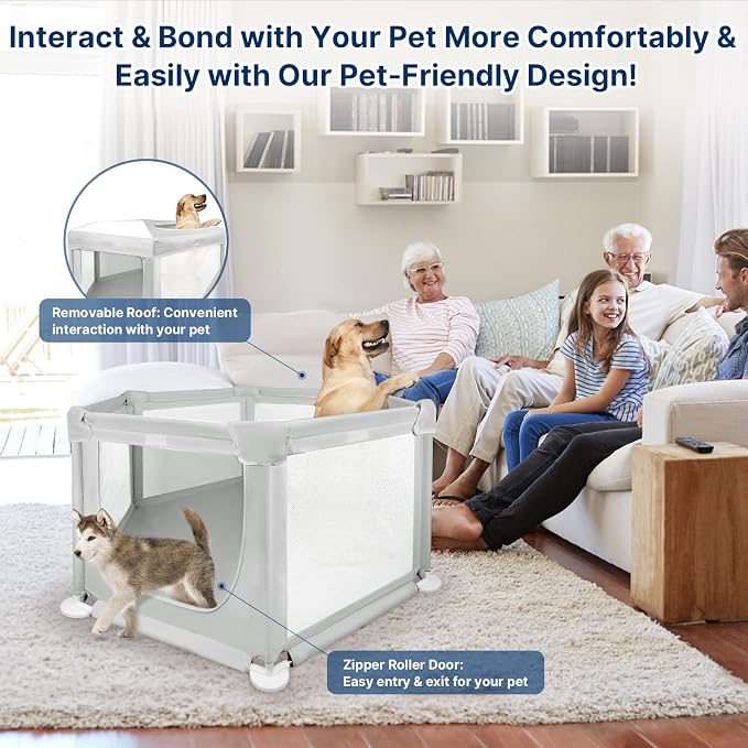 58.3"x58.3"x29.9" Large Dog Playpen Indoor, Extra Tall Puppy Playpen with Removable Roof, Sturdy Fabric Dog Pen for Medium to Large Pets, Spacious Hexagonal Pet Playpen Indoor for Comfort & Security