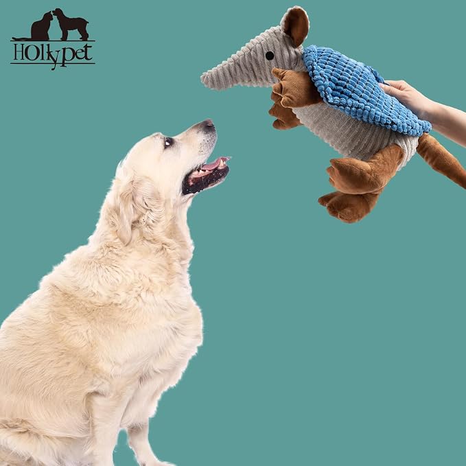Hollypet Armadillo Squeaky Dog Toys for Medium Large Dogs, 14" | plush stuffed large dog squeak animal toy with unique grunt squeaker textured fabric for teeth cleaning toys