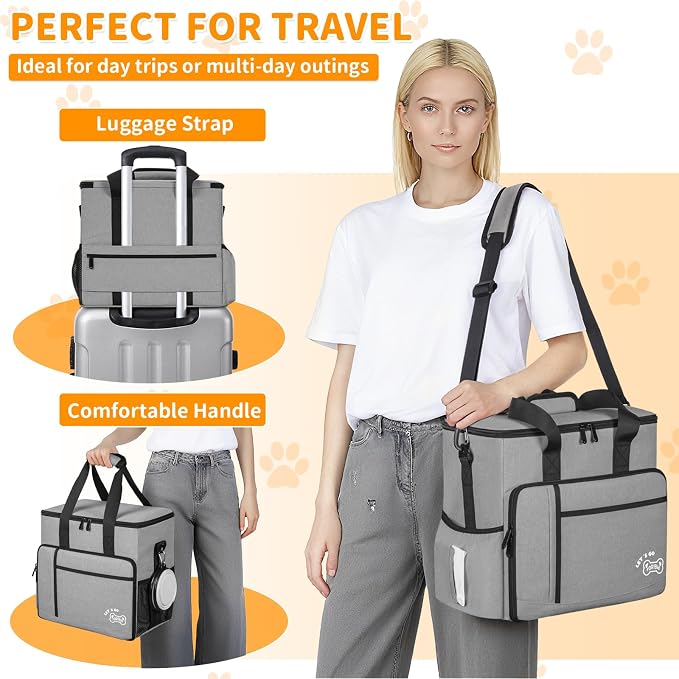TORIBIO Dog Travel Bag,Large Pet Travel Bag for Supplies with 2 Food Container and Collapsible Bowls,Dog Travel Supplies Organizer Kit for Weekend,Road Trips,Camping