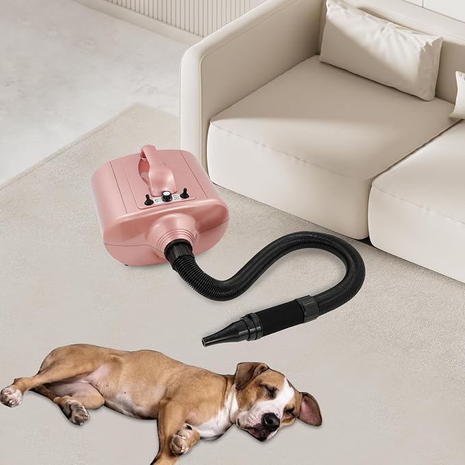 High Velocity Pet Dryer, 3600W Adjustable Airspeed (98.43-229.66 ft/s) & Temperature (77-149℉), Dual Motor Dog Grooming Blower with 2 Nozzles - Pink