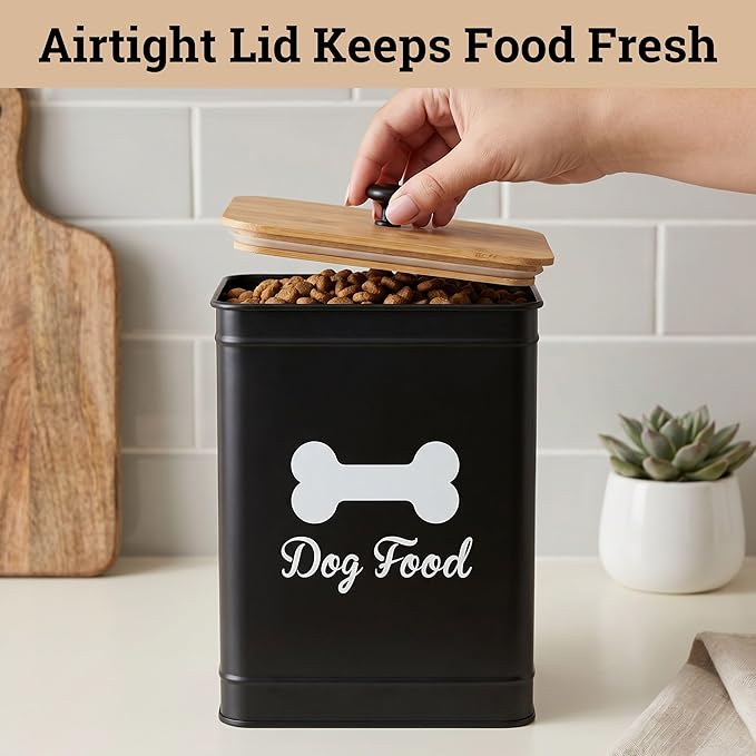 Metal Dog Food Container 5-7lb, 7lb, Iron + Bamboo Lid, Black: Bone