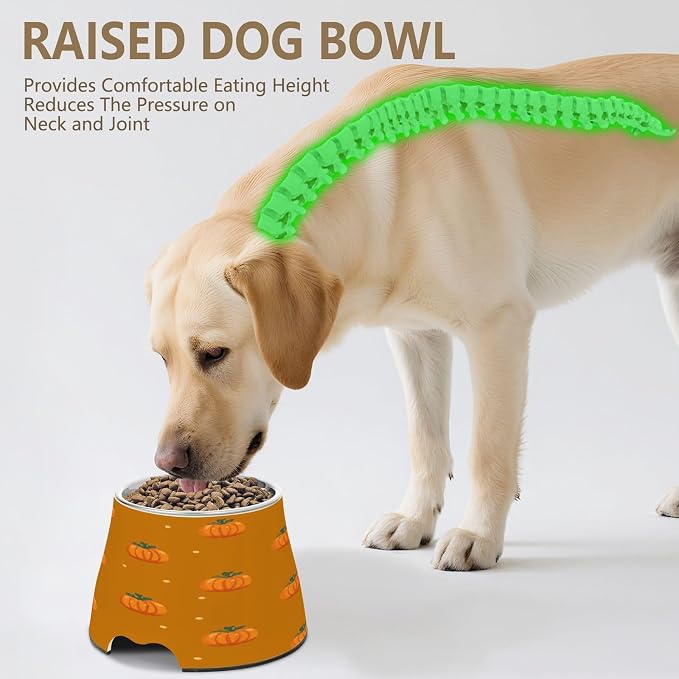 Blueangle Elevated Dog Bowls with Stainless Steel - Non-Slip 2.3 Cup High Capacity Pet Dish for Spinal Health & Pumpkins and Wreaths Design（114）