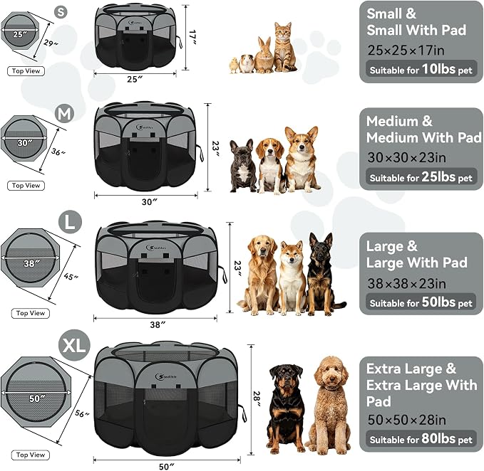 Siedihit Playpen for Extra Large Dog Cat, Dogs Tent Crate Cage Indoor/Outdoor, Portable Pop Up Dog Kennel with Carrying Bag for Rabbits, Removable Top (Dark Grey, Extra Large)