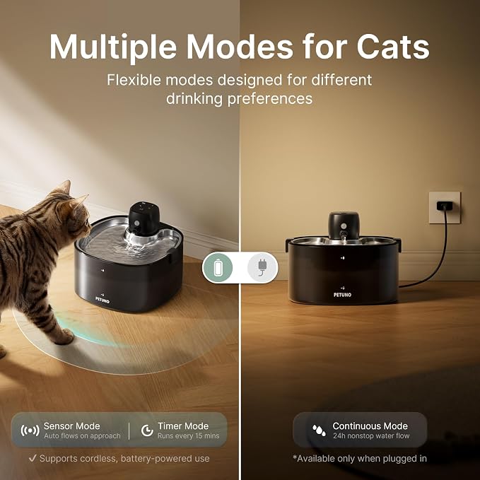Wireless Cat Water Fountain, Cat Fountain Battery Operated 4000mAh, 78oz/2.3L Pet Water Fountain Cordless with Motion Sensor & Stainless Steel Tray, Quiet Pump & Locking Lid, with 6 Filters