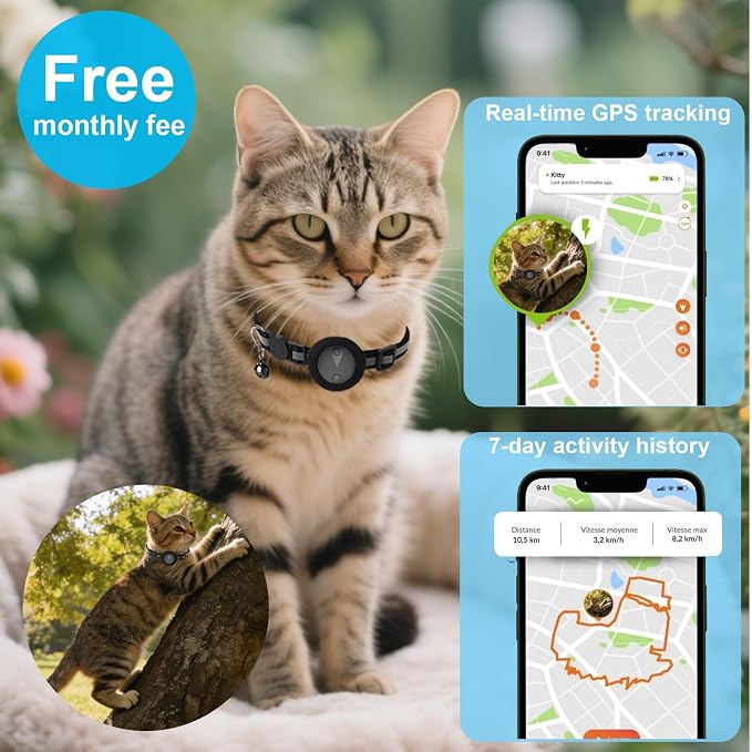 Pet GPS Tracker Collar for Cats,Mini GPS Dog Tracker,No Monthly Fee Location,Smart Pet Activity Tracker,Works with Apple iOS Find My,IP67 Waterproof Finder Tag Global Tracking-Black