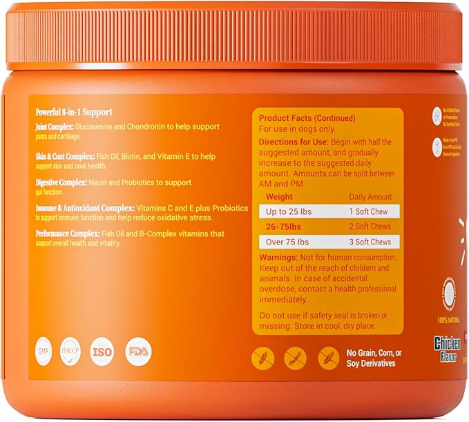 Probiotics for Dog Vitamins, Supplements Chondroitin for Skin Coat Chicken | Multivitamin Treats for Dogs, Joint Support Glucosamine + Digestive Enzymes & Probiotics, Grain Free - 120ct
