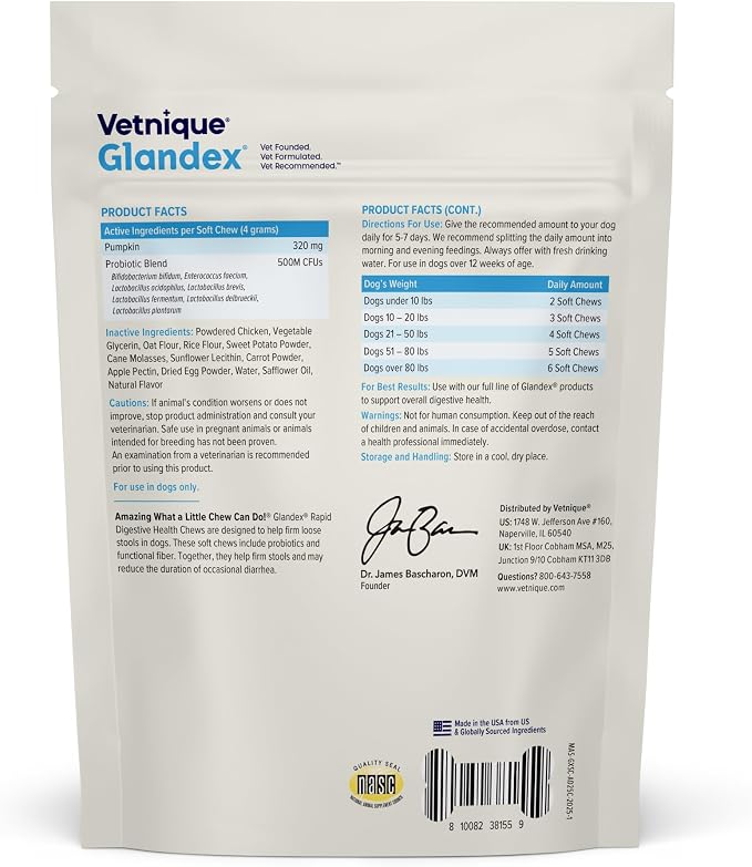Vetnique Glandex Rapid Digestive Support for Dogs, Pumpkin + 7 Probiotics | Diarrhea Soft Chews to Firm Loose Stool, Pumpkin Fiber & 500M CFU Probiotics, Vet Formulated Chicken Flavor, 25 Count