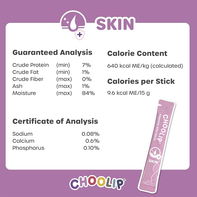 Choolip Squeeze Vita Stick Lickable Cat and Dog Treats, 7-Count Skin and Coat Support, Salmon and Pollack with Biotin and Vitamin E, Vet-Formulated