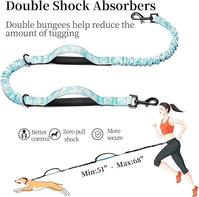 iYoShop Hands Free Dog Leash with Zipper Pouch, White-Blue Mix, Large | Waist Leash, Dual Padded Handles, Shock-Absorbing Bungee, Adjustable Waist Belt, Walking and Running