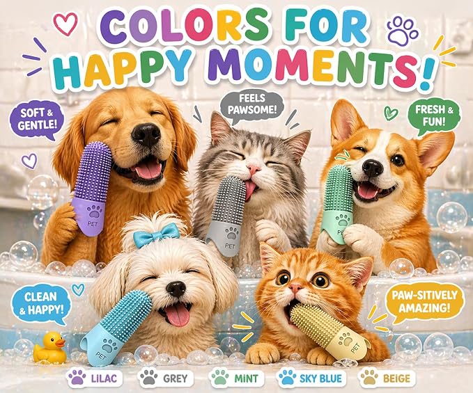 Dog Toothbrush Finger Silicone | Pet Dental Cleaning Brush for Dogs & Cats | Soft Bristles Oral Care | Finger Toothbrush for Pets (Yellow)