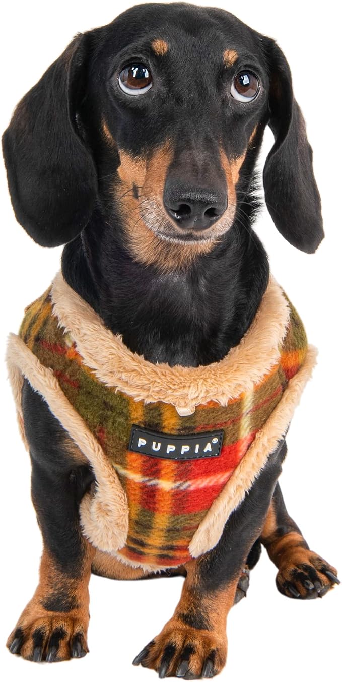 Puppia Norman Dog Harness Over-The-Head Warm Winter Checkered Pattern Adjustable Chest for Small and Medium Dog, Beige, Medium