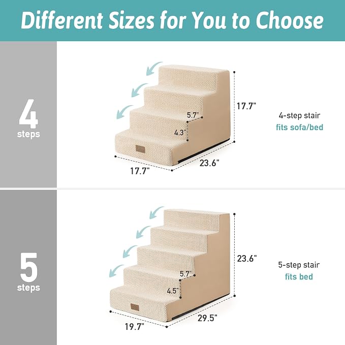 COZY KISS Dog Stairs for Small Dogs, 4 Step Pet Stairs for Beds & Couches | 17.7" Wider H Non-Slip Dog Steps for Bed, Ideal for Puppies, Senior Cats, and Small to Medium Dogs, 17.7x23.6x17.7 in, Beige