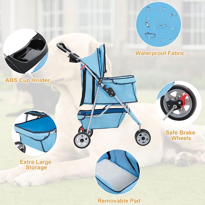 BestPet 3-Wheel Jogger Pet Stroller - Blue, Cup Holder & Removable Liner