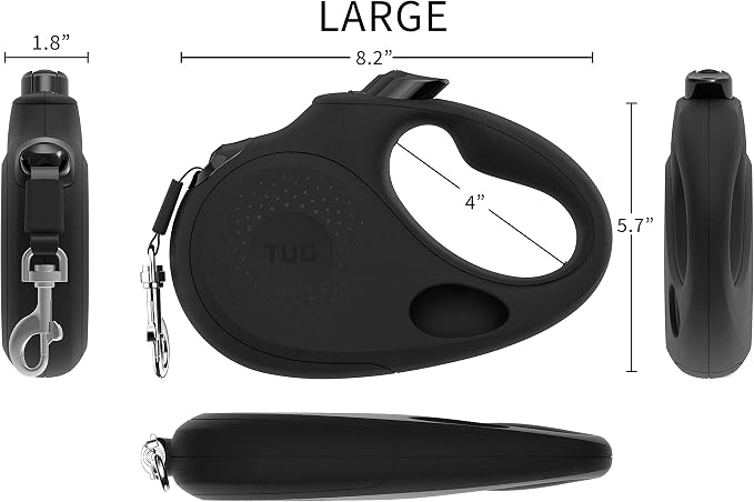 TUG Oval 360° Tangle-Free Retractable Dog Leash with Integrated Waste Bag Dispenser (Large, Black)