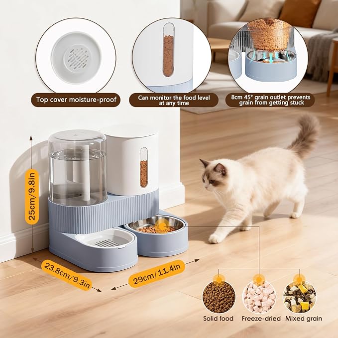 Automatic Gravity Cat Dog Feeder and Water Dispenser with 304 Stainless Steel Bowls 2, 2 in, Stainless Steel, Blue