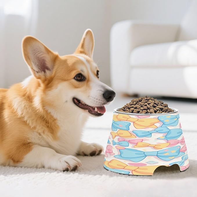Blueangle Elevated Dog Bowls with Stainless Steel - Non-Slip 2.3 Cup High Capacity Pet Dish for Spinal Health & Colorful Bow Design（16）