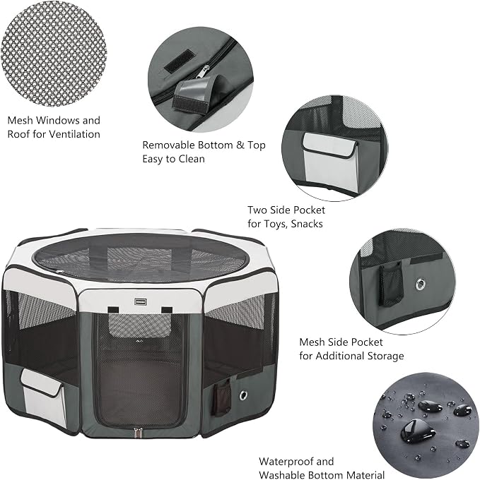 DONORO Dog Playpen Portable Pet Play Pens for Small Dog/Cat/Rabbit/Chicks, Cat Playpen Indoor/Outdoor with Carring Case, Removable Zipper Top and Bottom (Gray, Extra Large (55"x55"x30"), 8)