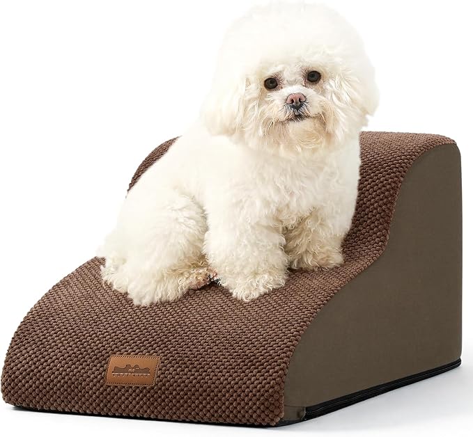 COZY KISS Dog Stairs for Small Dogs 11.8" H, Pet Step with Leakproof Cover, High Density Foam Cat Ramp for Chair or Sofa, Lightweight, Durable, Comfort, 15.7x19.7x11.8 inch, 2 Step, Brown