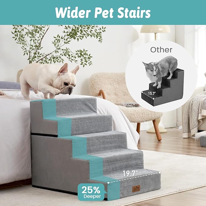 CCOZY KISS Dog Stairs for Small Dogs, 5 Tier Removable Wider Pet Stairs for Couch and Bed, 23.6" H Non-Slip Dog Steps for Puppies and Old Cats with Support Board, 19.7x29.5x23.6 inch, Grey