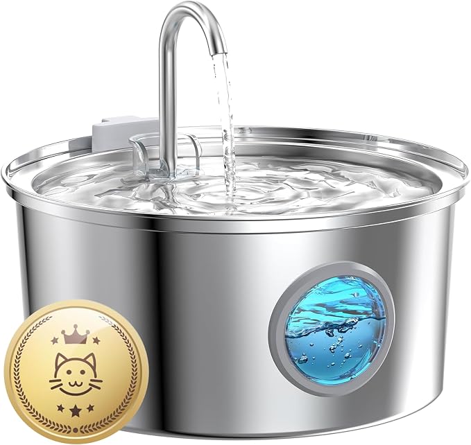 Pet Water Fountain Stainless Steel: 108oz/3.2L Cat Water Fountains for Cats Indoor - Metal Cat Fountain Bowl - Faucet Kitty Fountains with Led Light - Cats Pet Fountain for Drinking