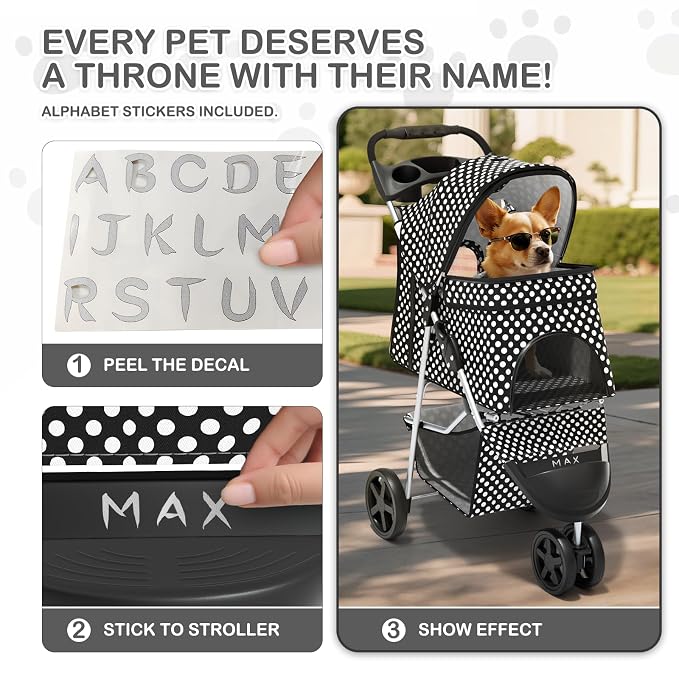 MoNiBloom 3-Wheel Foldable Pet Stroller - Black Polka Dots