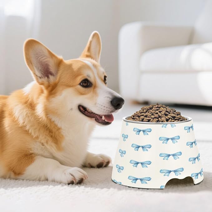 Blueangle Elevated Dog Bowls with Stainless Steel - Non-Slip 2.3 Cup High Capacity Pet Dish for Spinal Health & Watercolor Blue Bows Design（460）