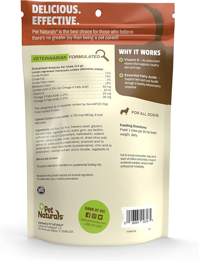 Pet Naturals Skin and Coat for Dogs, Bite-Sized Soft Chews, Salmon Oil and Omega Fatty Acids, Soothe Dry-and Itchy Skin, No Corn or Wheat, Vet Formulated, Veggie Flavor, 30 Count (Pack of 2)