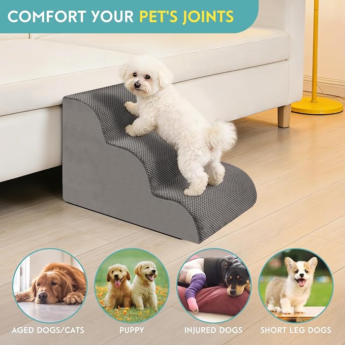 Dog Stairs for Small Dogs,15.7" H Pet Stairs 3-Steps Ramp for Puppy, Older Cat, Stairs with Whole 30D High Density Foam, Corduroy Fabric, Non-Slip Bottom Dog Steps for Bed and Couch (Grey, 3-Step)