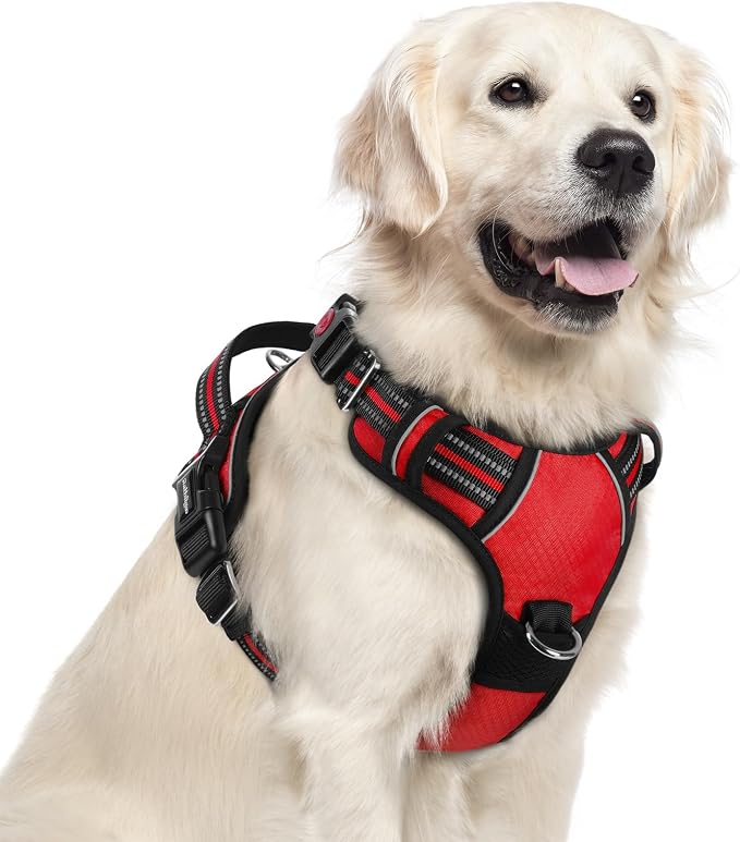 rabbitgoo Dog Harness for Large, No Pull 3 Buckles Easy On & Off | Soft Padded, Walking with Control Handle, Adjustable and Reflective, Red, X-Large