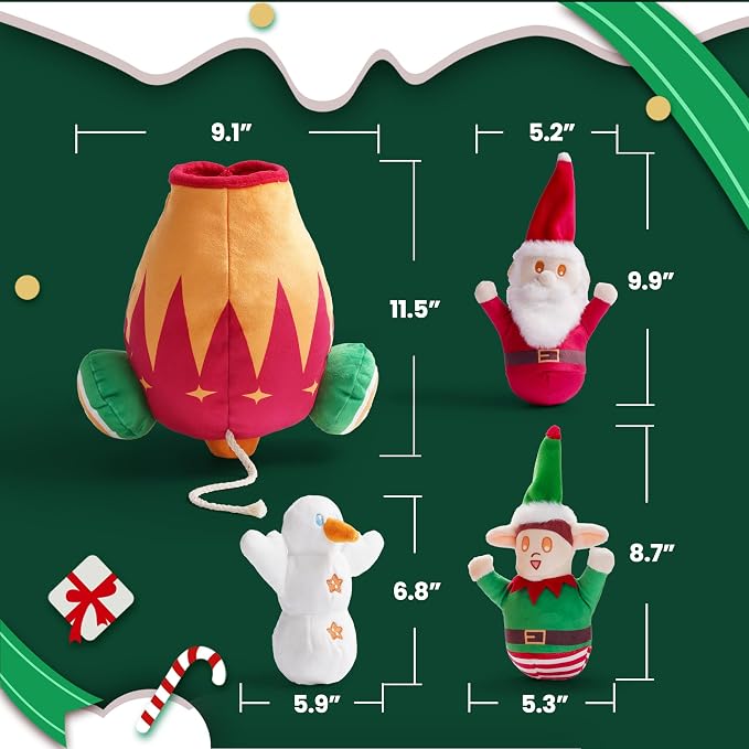 Nocciola Christmas Squeaky Dog Toys 4PCS, Interactive Hide and Seek Dog Toys Christmas Theme- Santa/Snowman/Elf in Cannon Toys Plush, Crinkle Dog Chew Toys for Large Medium Small Dogs
