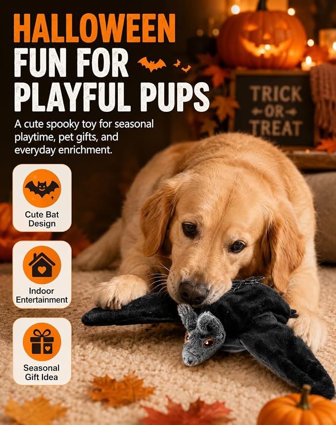 Halloween Interactive Flapping Bat Dog Toy, Motion Activated Rechargeable Plush Toy with Moving Wings for Bored Dogs, Puppies, Small & Medium Dogs (1PCS)