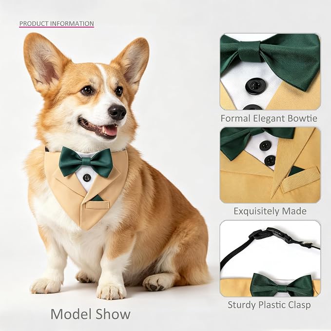 Yellow Dog Bandana with Green Bowtie, Large, Yellow