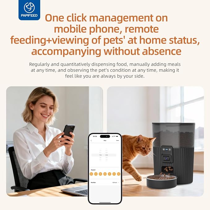 PAPIFEED Automatic Cat Feeder with Camera，‌Adjustable Angle 2.4G WiFi/App Pet Food Dispenser，3.5L/15 Cup Timed Dispenser