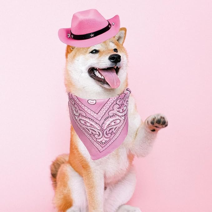 Dog Cowboy Hat and Bandana Scarf Dog Cat Sombrero Puppy Hat Dog Cat Costume, 20 cm, Polyester, Pink