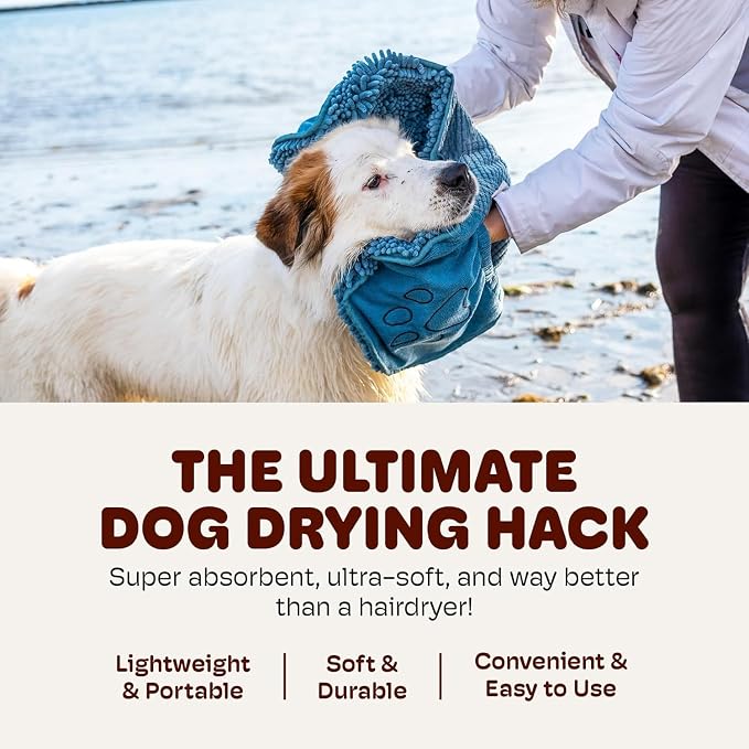 Dog Gone Smart The Dirty Dog Shammy - Fast Drying Plush Shammy Towel with Dual Hand Pockets and Elastic - Super Absorbent Polyamide Microfiber & Machine Washable - Pacific Blue, X-Large