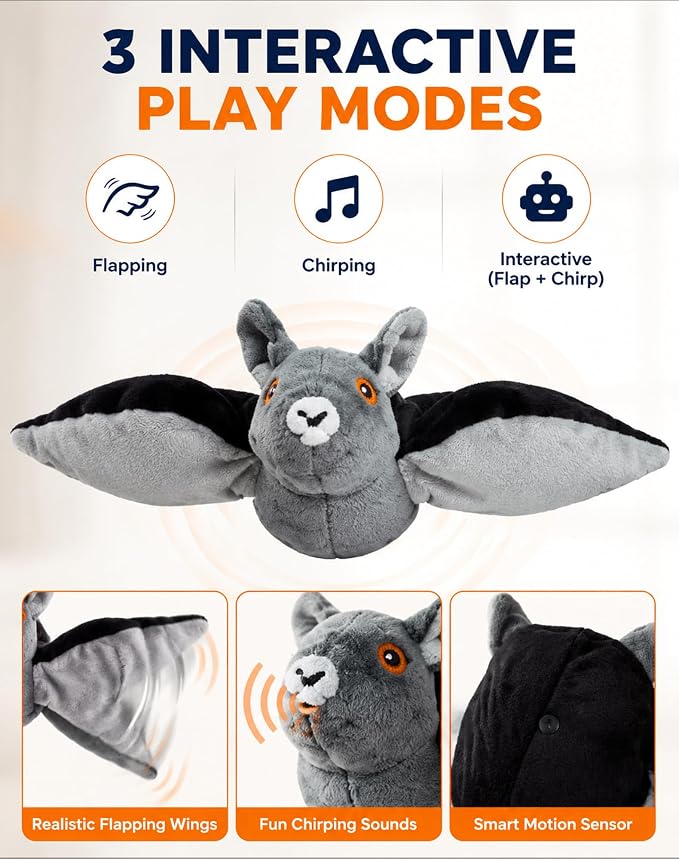 Wild Paws Flying Bat Dog Toy,Wild Whisker Flying Bat with Pet Hair Removal Glove, Rechargeable Motion Activated Dog & Cat Toy for Indoor Outdoor Play