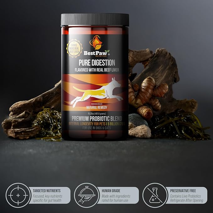 Probiotics for Dogs | Digestive Enzymes and Probiotics Powder | Beef Liver Flavor | Pumpkin, Turmeric and Prebiotic FOS | Gut Health Food Topper for Dogs and Cats | 16oz