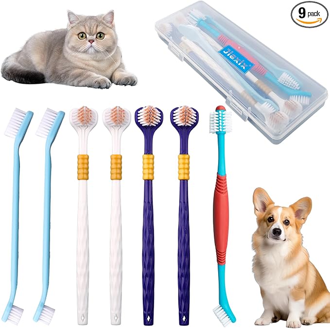 9 Pcs Dog Toothbrush Set, Three Sided Pet Toothbrush Brush,360º Pet Toothbrush Soft Nano Bristles Tooth Brush for Cat Dog Puppy Kitten Dental Care