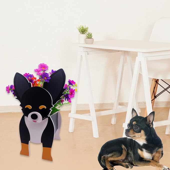 Black and White Chihuahua Dog Planter, Animal Shaped Flower Pot