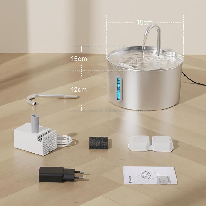 Cat Water Fountain Stainless Steel: 74oz/2.2L Cat Fountain for Drinking - Pet Water Fountain for Cats Inside - Automatic Cat Water Dispenser Bowl - Cat Feeding & Watering Supplies 6 Filters 3 Sponges