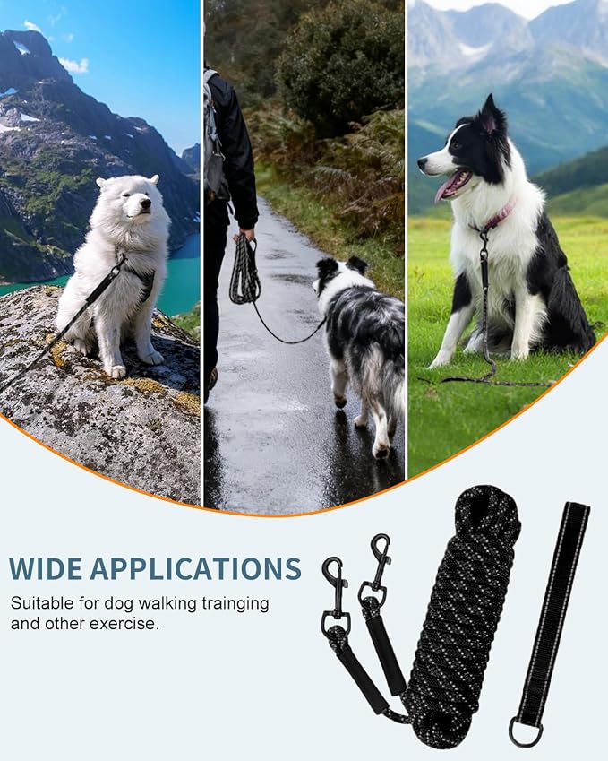 Taglory Long Dog Leash with Removable Padded Handle Tie Out, 15/30/50/66FT Heavy Duty Training Leash with 2 Swivel Hooks for Large Medium Small Dogs Camping, Hiking, Walking, Backyard, Black, 15FT