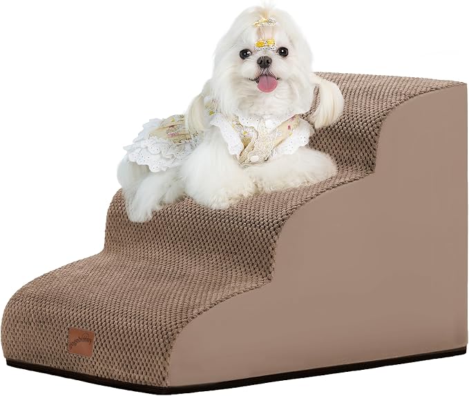 GoGoBunny Ramp Dog Stairs for Couch Sofa and Chair 15.7" H, 3-Step Pet Steps for Small Dogs and Cats, Non-Slip Waterproof Fabric Cover, Stable and Balanced Indoor Step, Pets Friendly, Camel