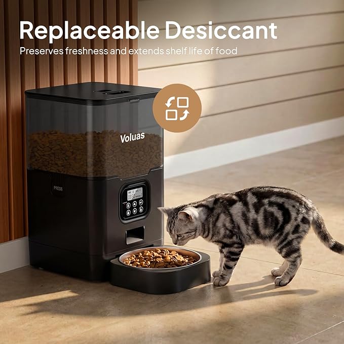 VOLUAS Cat Dry Food Dispenser with Timer, Automatic Cat Feeders with Desiccant Bag, Programmable Portion Size Control 4 Meals Per Day, 10s Voice Recorder