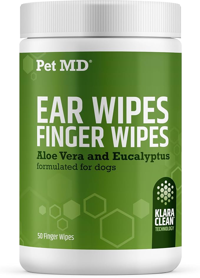 Pet MD Dog Ear Cleaning Wipes – Otic Cleanser for Dogs, Soothing Ear Care with Aloe Vera & Eucalyptus, Finger Wipes, 50 Count
