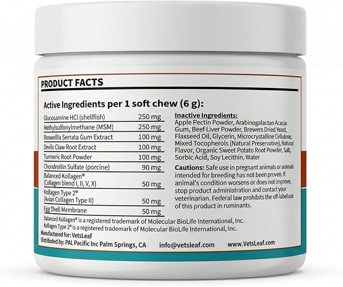 Hip and Joint Supplement for Dogs - Glucosamine, Chondroitin & MSM with Collagen, Boswellia & Devils Claw - 6g Per Chew - Made in USA - 60 Count