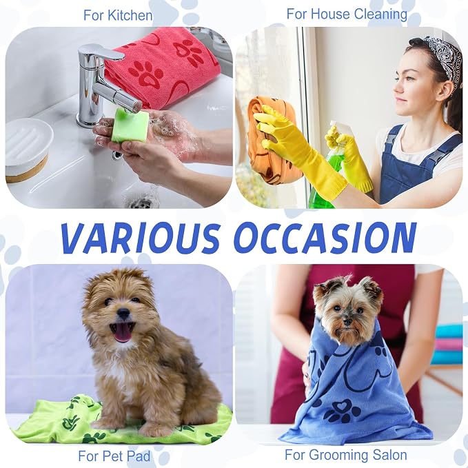 Fanfanwin 4 Pcs Dog Bath Towels Microfiber Drying Dog Towel Absorbent Pet Heart Paw Towels for Medium Dogs Puppy Cats Pets Shower(Blue, Yellow, Pink, Apple Green)