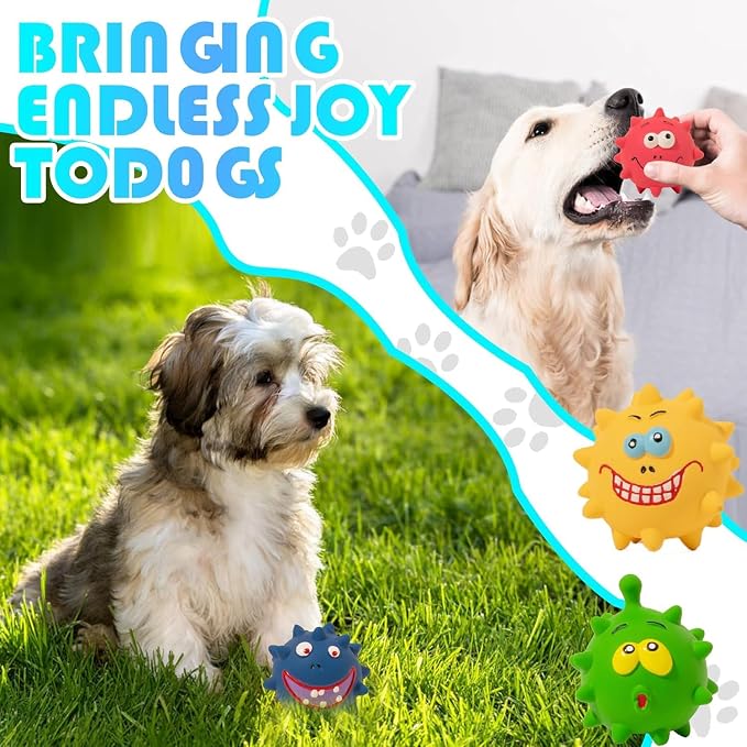4Pcs Squeaky Dog Toys Set - Non-Toxic Natural Latex Rubber Balls with Oinking for Large, Medium, Small Dogs - Durable Decorative Cute Faces for Fun
