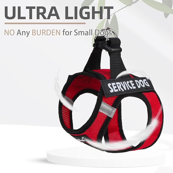 PUPTECK Service Dog Harness and Leash Set for Small Medium Dogs No Pull Step-in Soft Mesh Puppy with 2 Removable Patches Cat Vest Harnesses Reflective at Night, Red, L