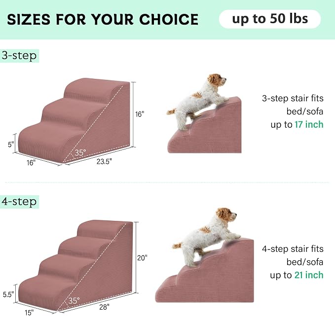 Mesa Lemon Dog Steps for Small Dogs, 3-Step Pet Ramp Stairs for High Beds and Sofa, Non-Slip Pet Stairs for Small Dogs and Cats, Removable and Easy to Clean Cover, Pink